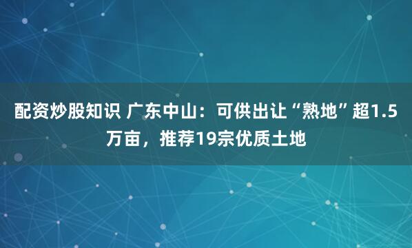 配资炒股知识 广东中山：可供出让“熟地”超1.5万亩，推荐19宗优质土地